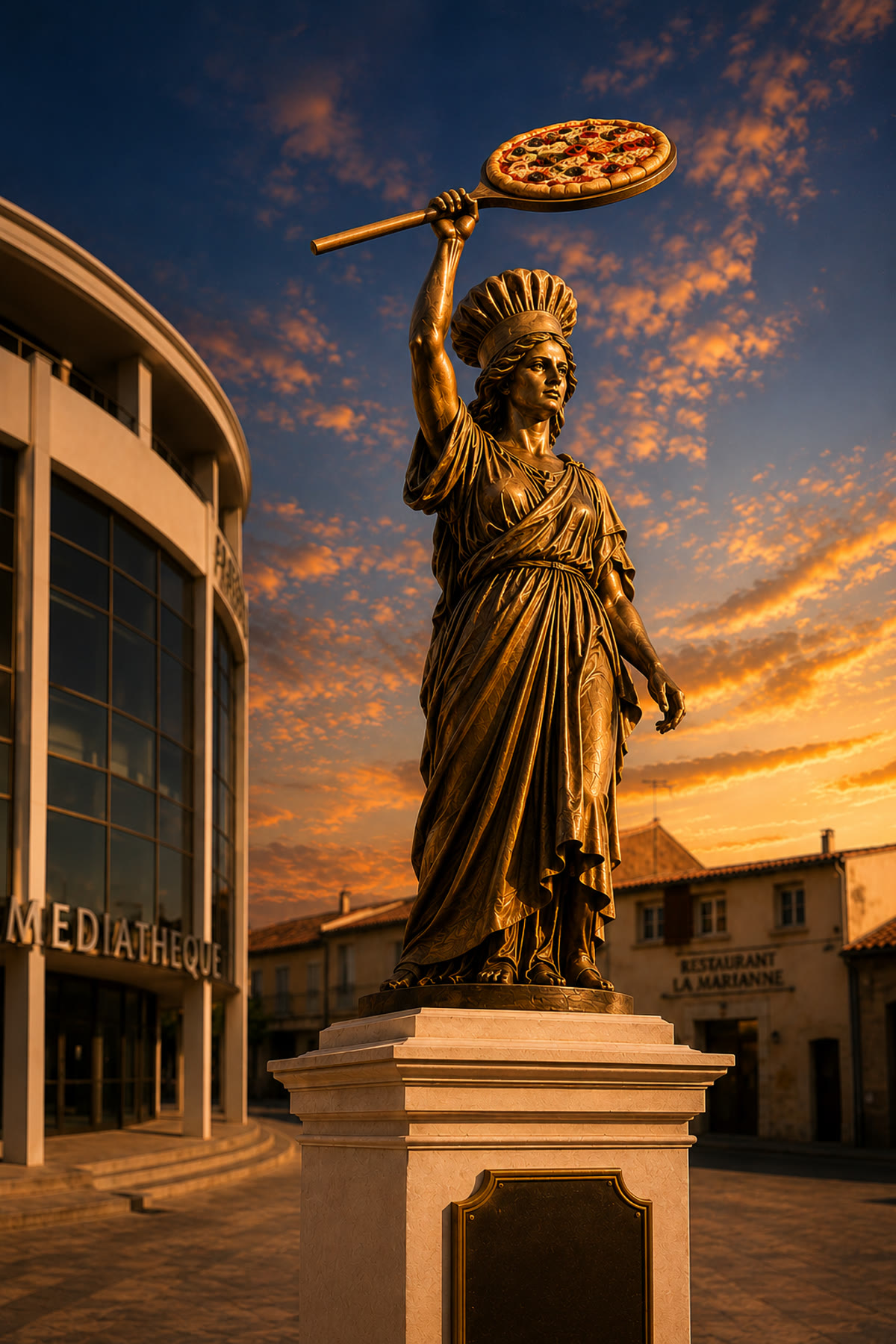La Marianne de Villeneuve-lès-Béziers, la pelle à pizza levée au-dessus de la place
